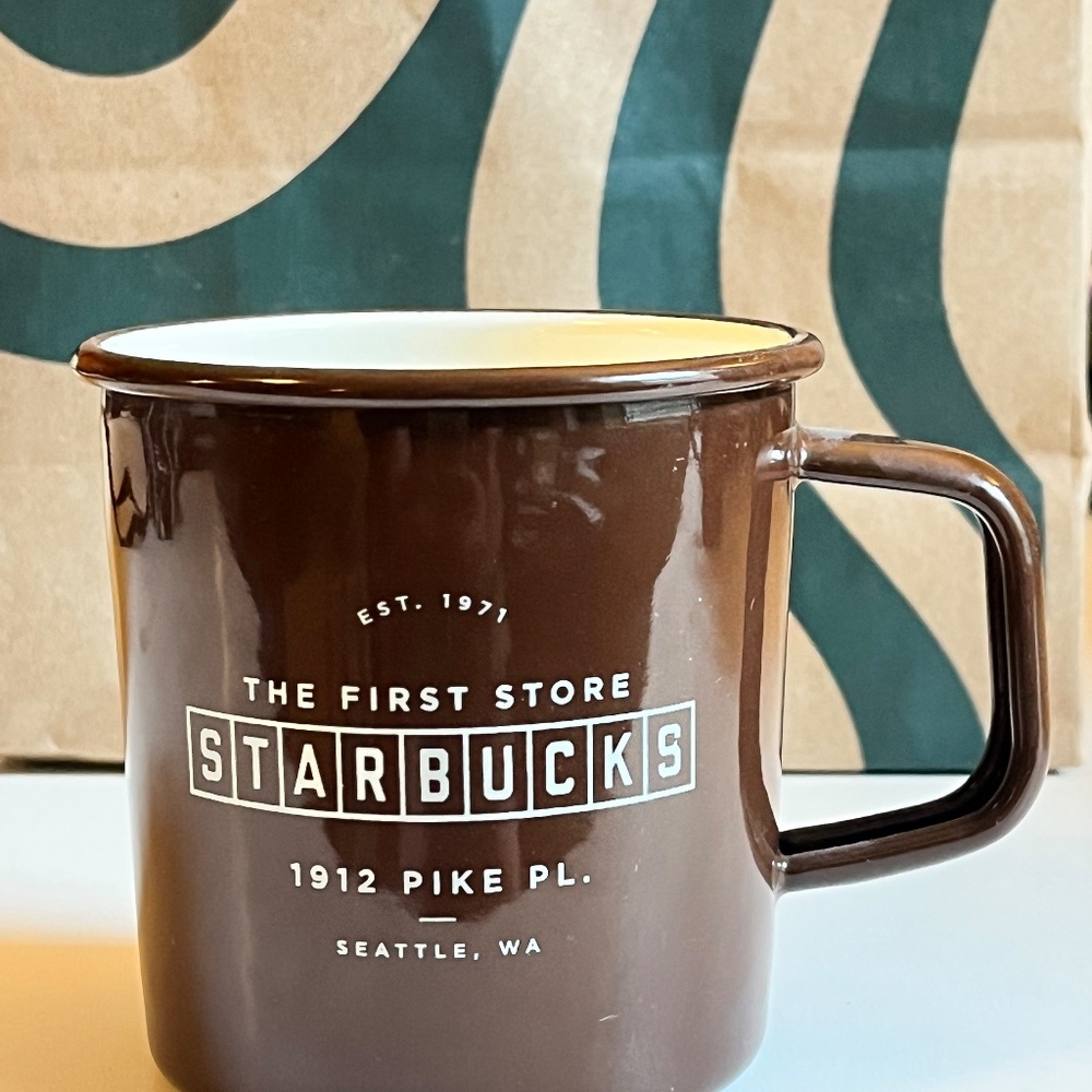 STARBUCKS 14 oz Brown Enamel THE FIRST STARBUCKS STORE Pike Place Coffee Mug